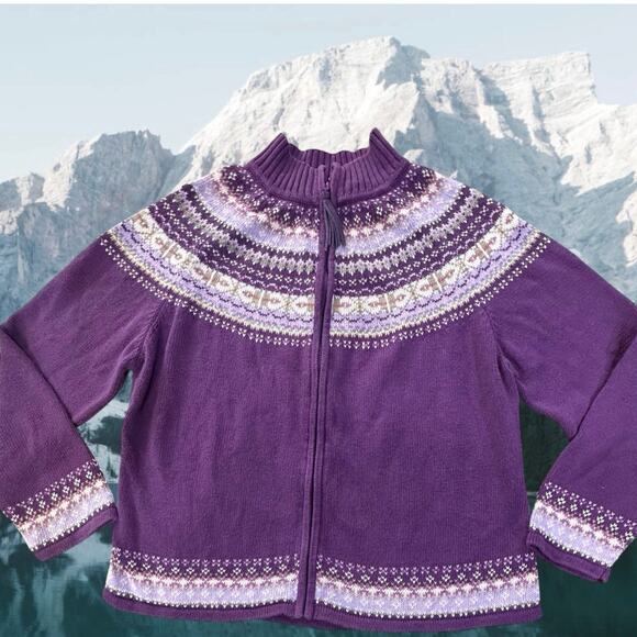 Vintage Tiara Y2K Full Zip Cardigan Sweater Women Large Purple Nordic Fair Isle - Picture 1 of 12